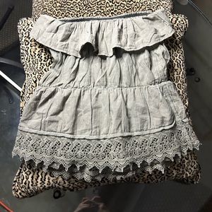 AMERICAN EAGLE OLIVE GREEN FLOWY STRAPLESS TUBE TOP BLOUSE LACE TRIM